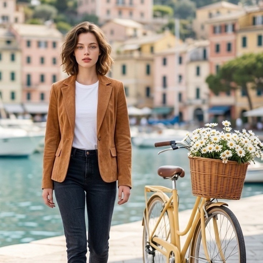 Relativity Womens Cognac Brown Genuine Leather Suede Blazer Jacket Size L